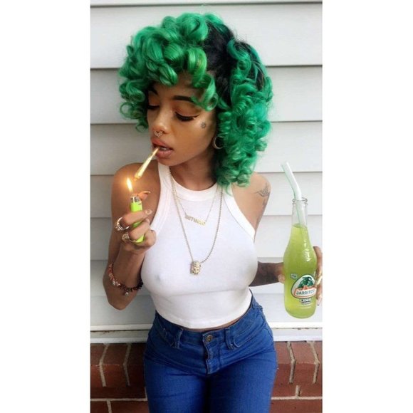 Short Curly Black/Green Wig With Bangs - Picture 1 of 10